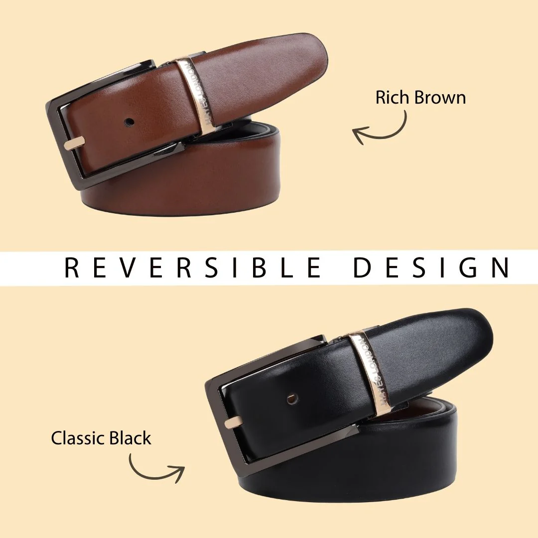 Italian Leather Reversible Black & Brown Belt For Men with Black & Gold Buckle (Leather Texture: Plain) - Image 6