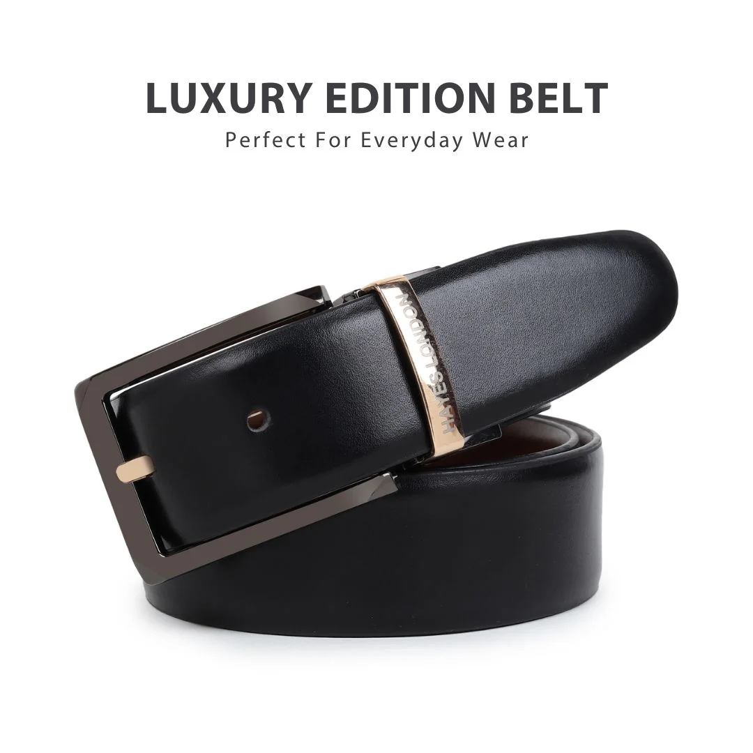 Italian Leather Reversible Black & Brown Belt For Men with Black & Gold Buckle (Leather Texture: Plain) - Image 9