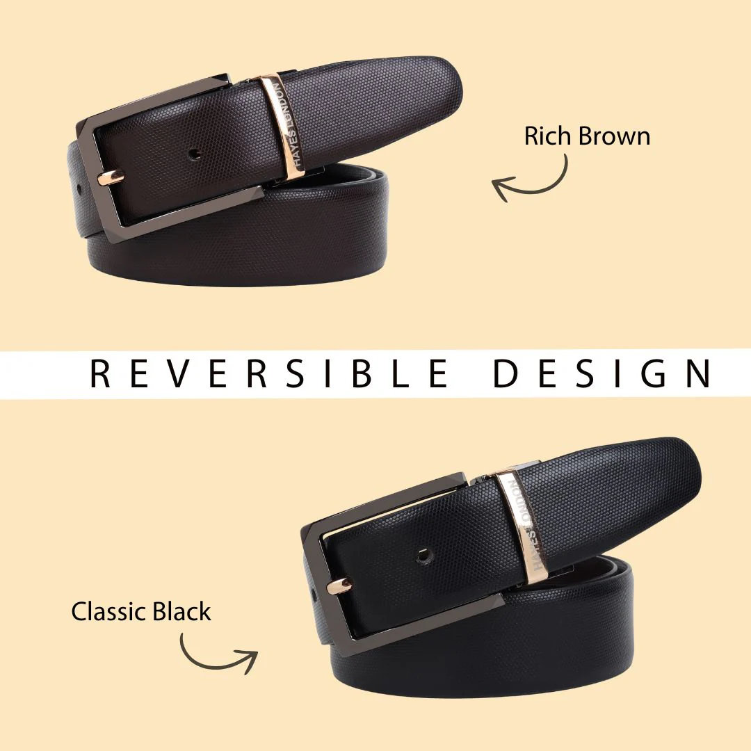 Italian Leather Reversible Black & Brown Belt For Men with Black & Gold Buckle (Leather Texture: Braided) - Image 6