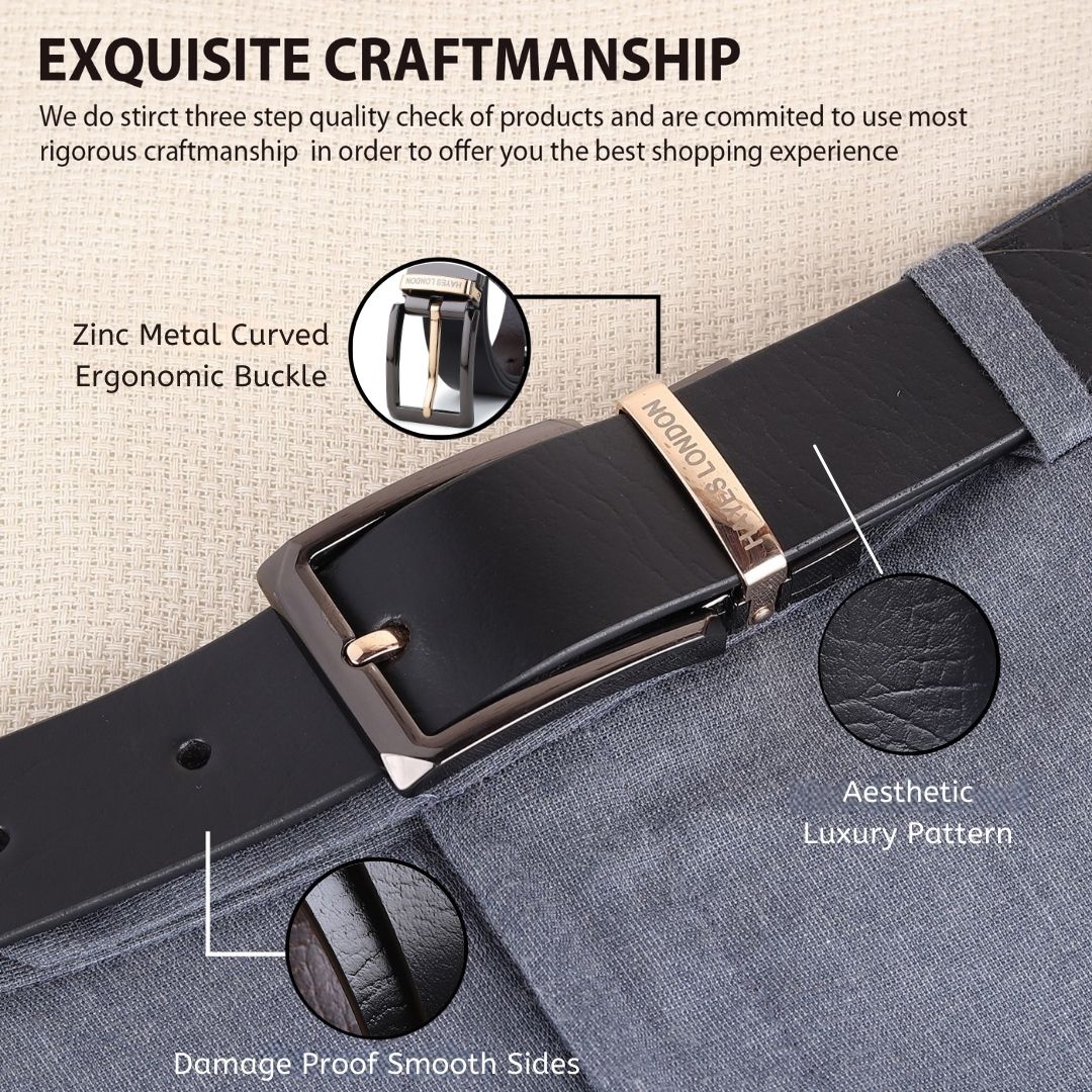 Reversible Black & Brown Genuine Leather Belt For Men with Black & Gold Buckle (Leather Texture: Wild) - Image 3