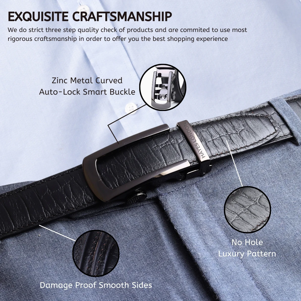 Atlas Auto-Lock No-Hole Genuine Leather Belt for Men – Micro-adjustable Smart Belt for Formal & Casual Wear (Croco Black) - Image 3