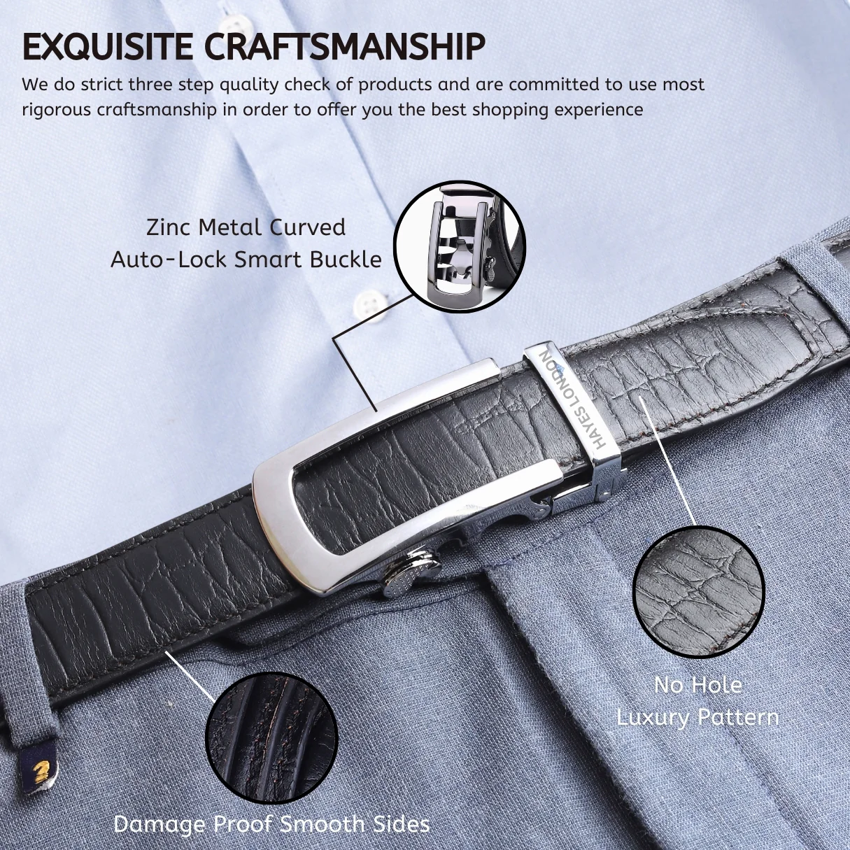 Atlas Auto-Lock No-Hole Genuine Leather Belt for Men – Micro-adjustable Smart Belt for Formal & Casual Wear (Croco Black) - Image 3