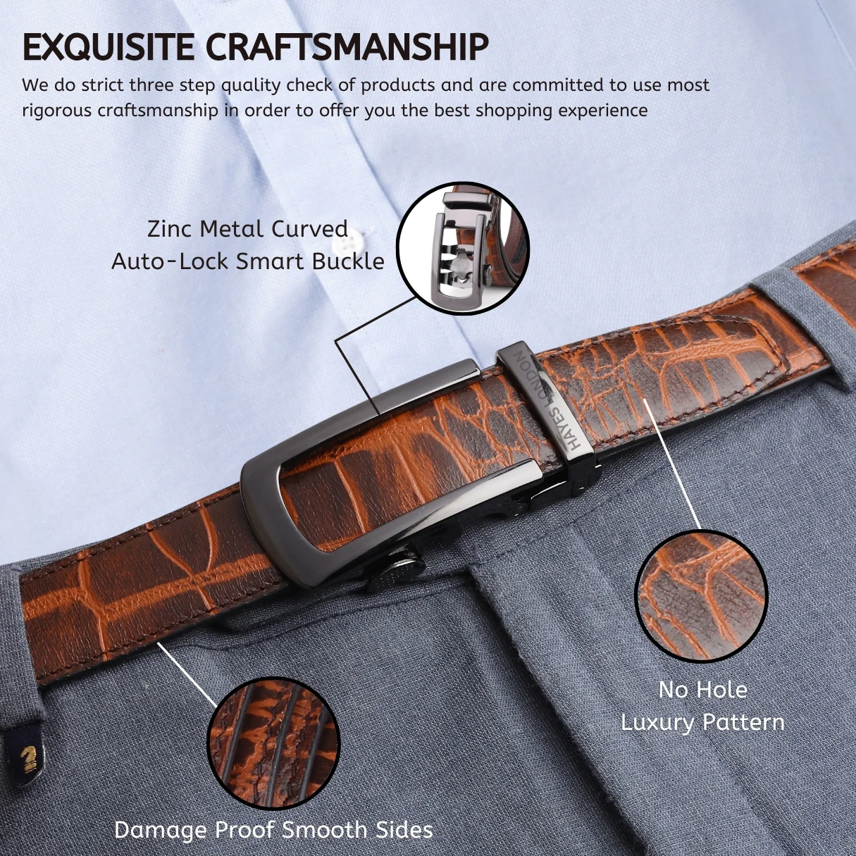 Atlas Auto-Lock No-Hole Genuine Leather Belt for Men – Micro-adjustable Smart Belt for Formal & Casual Wear (Croco Brown) - Image 3