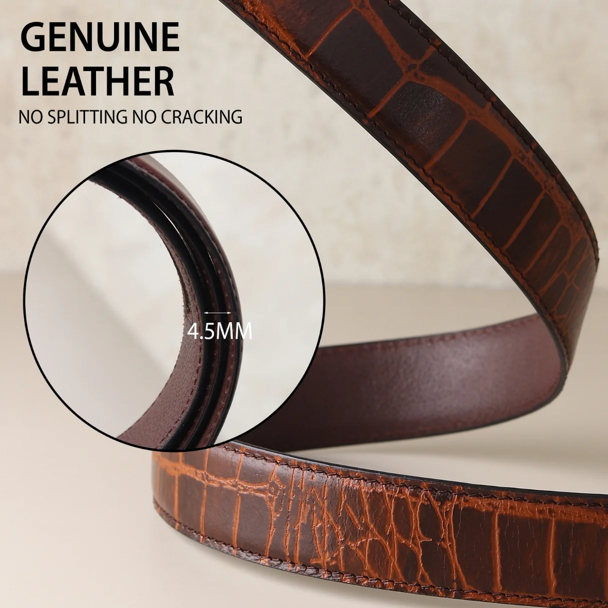 Atlas Auto-Lock No-Hole Genuine Leather Belt for Men – Micro-adjustable Smart Belt for Formal & Casual Wear (Croco Brown) - Image 5