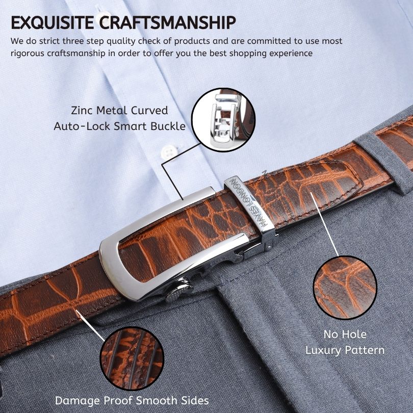 Atlas Auto-Lock No-Hole Genuine Leather Belt for Men – Micro-adjustable Smart Belt for Formal & Casual Wear (Croco Brown) - Image 3