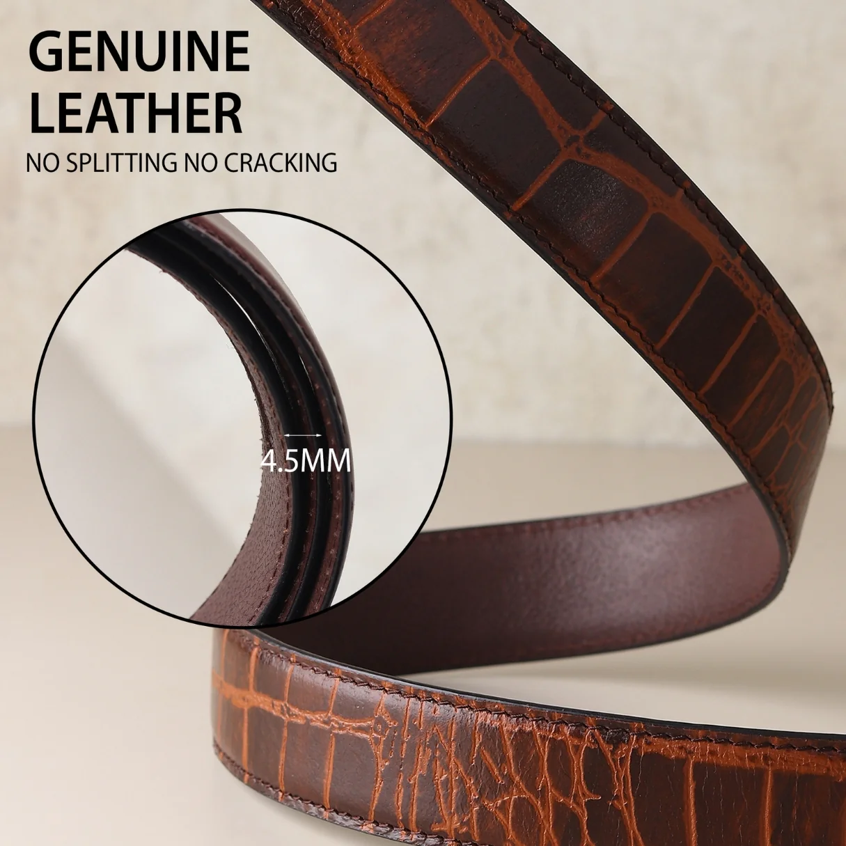 Atlas Auto-Lock No-Hole Genuine Leather Belt for Men – Micro-adjustable Smart Belt for Formal & Casual Wear (Croco Brown) - Image 4