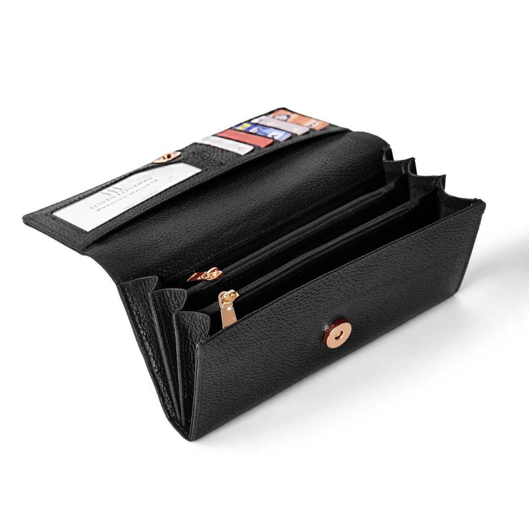 Black Genuine Leather Bi-Fold Clutch For Women (Leather Texture: Classic & Color: Black) - Image 9