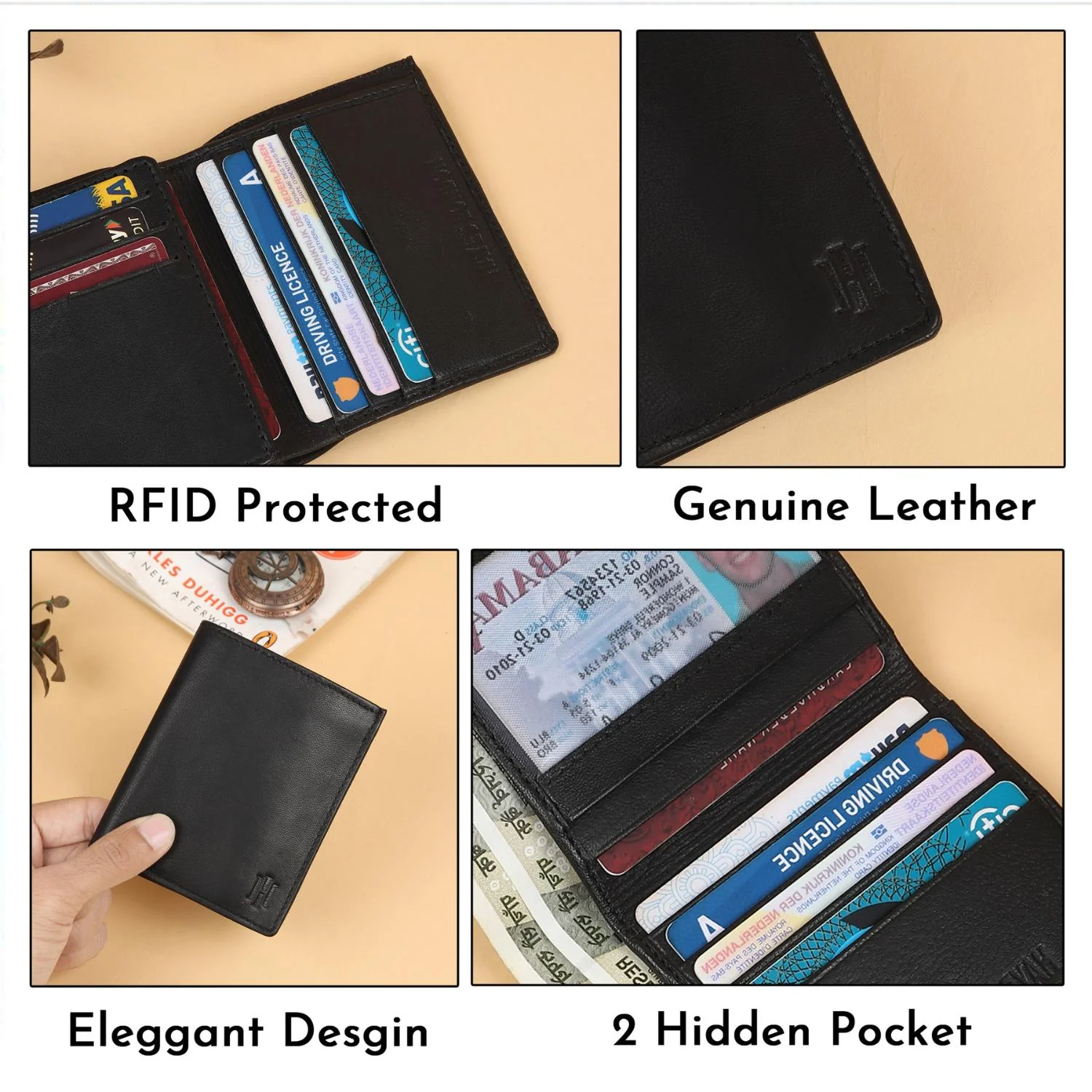 Black Genuine Leather Card Holder/Wallet For Men - RFID Blocking, Slim Formal/Casual Card Holder/Wallet With 11 Compartments - Image 4