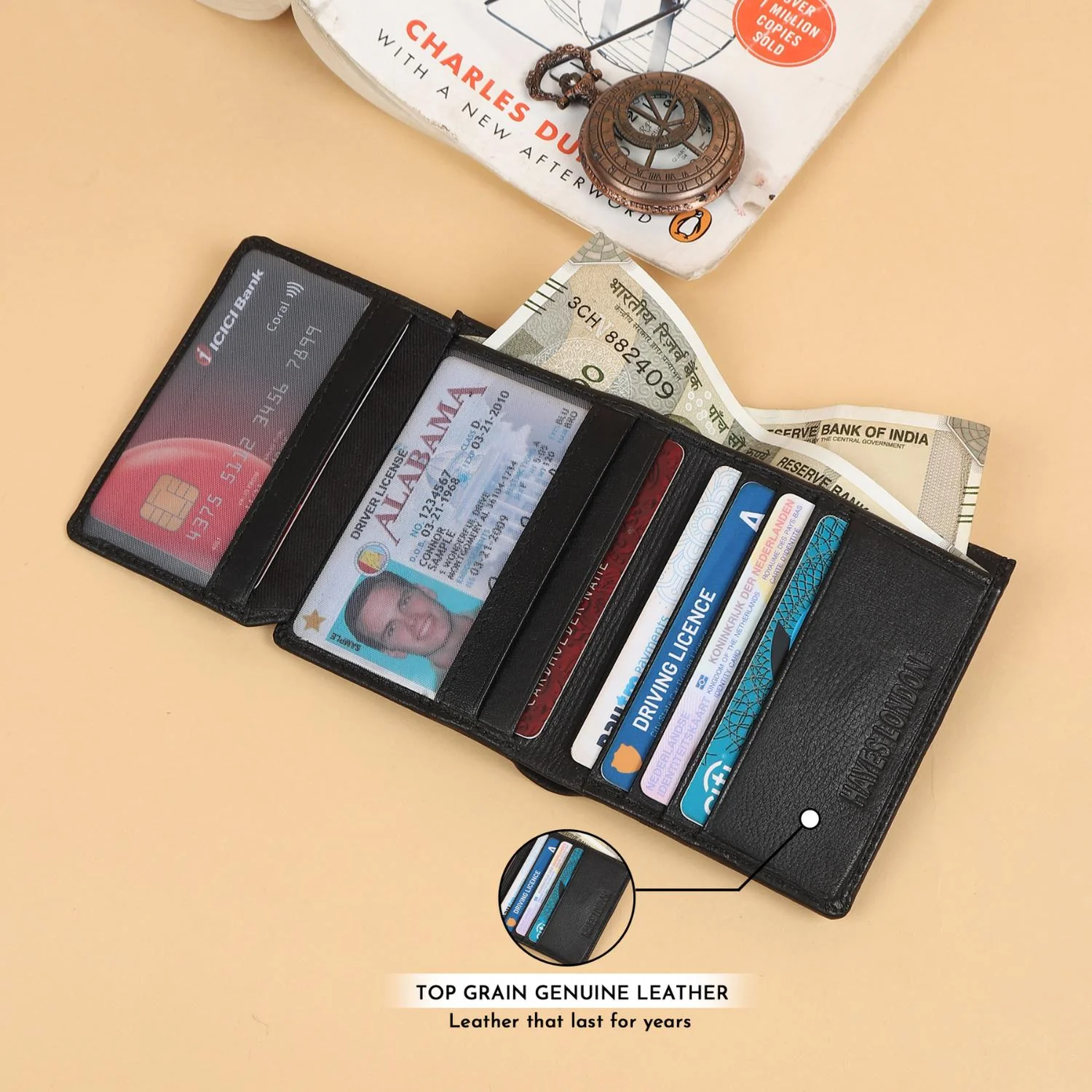 Black Genuine Leather Card Holder/Wallet For Men - RFID Blocking, Slim Formal/Casual Card Holder/Wallet With 11 Compartments - Image 6