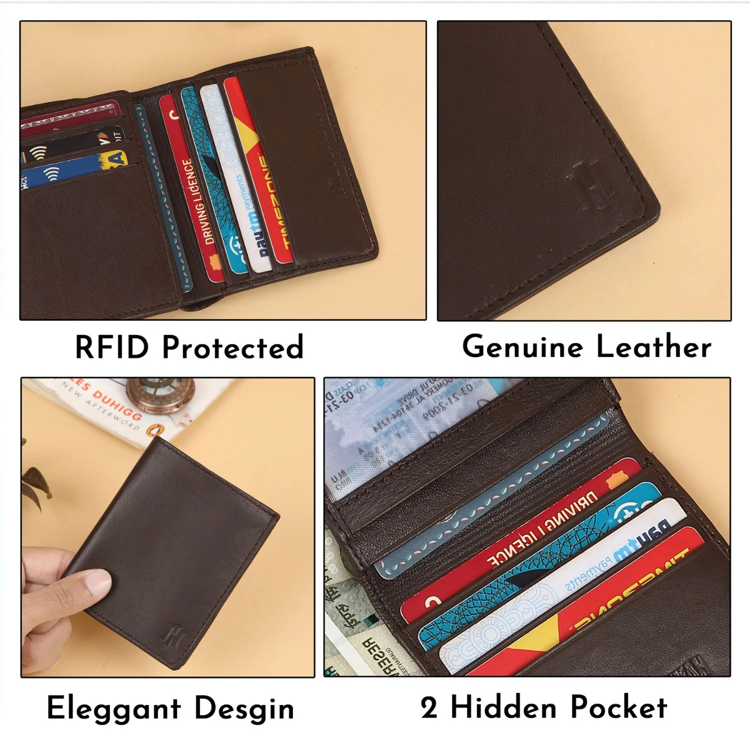 Brown Genuine Leather Card Holder/Wallet For Men - RFID Blocking, Slim Formal/Casual Card Holder/Wallet With 11 Compartments - Image 4