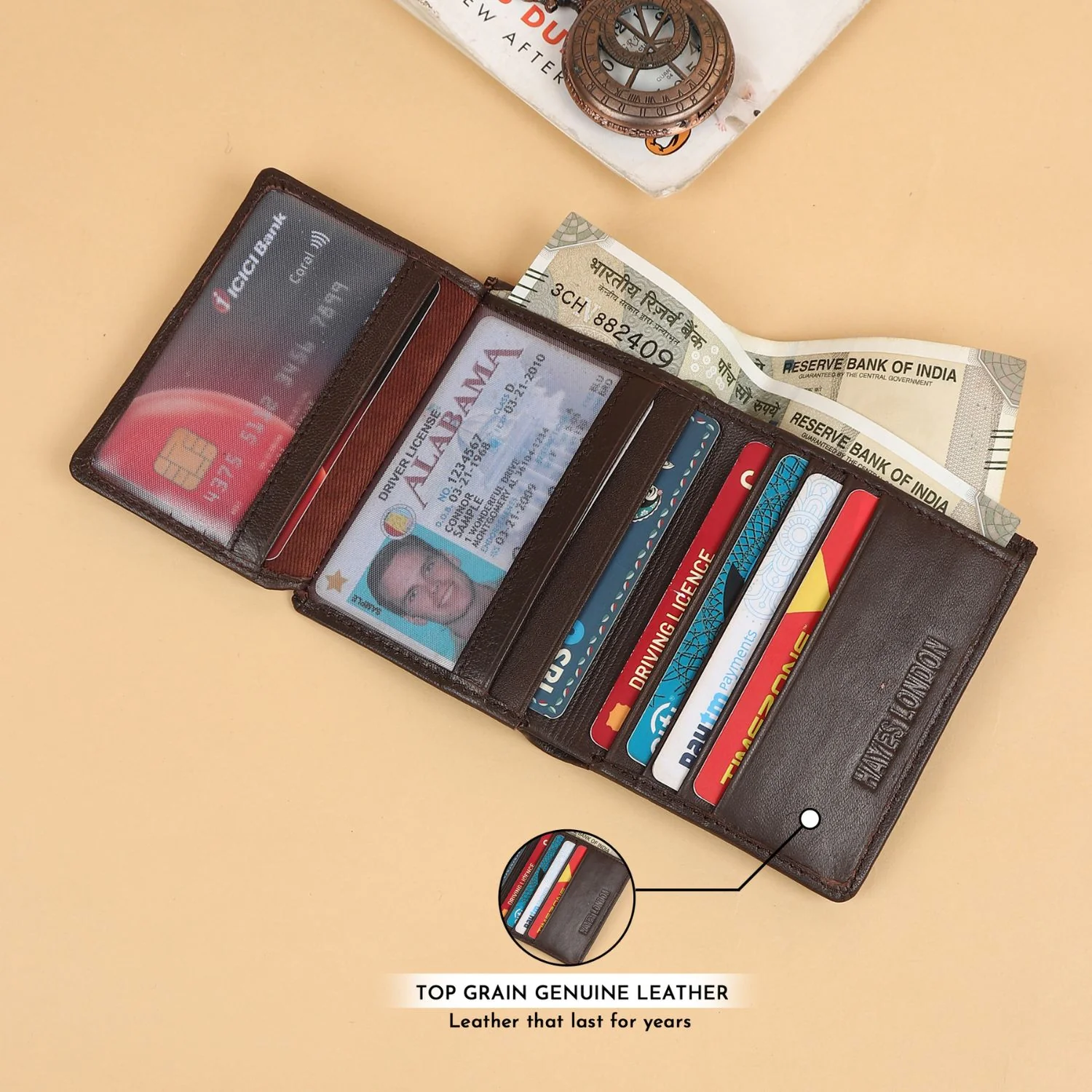 Brown Genuine Leather Card Holder/Wallet For Men - RFID Blocking, Slim Formal/Casual Card Holder/Wallet With 11 Compartments - Image 6