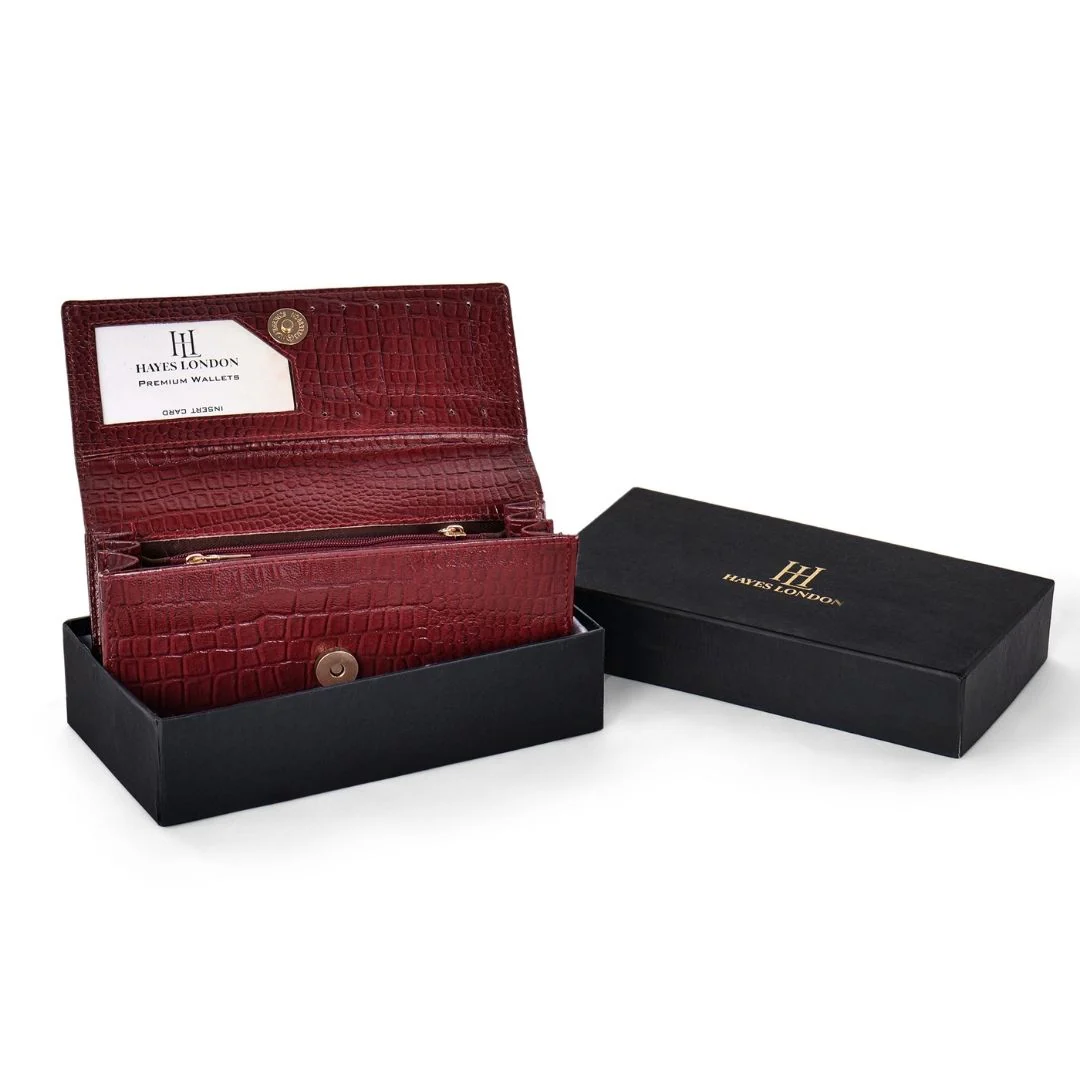 Cherry Genuine Leather Bi-Fold Clutch For Women (Leather Texture: Croco & Color: Cherry) - Image 10