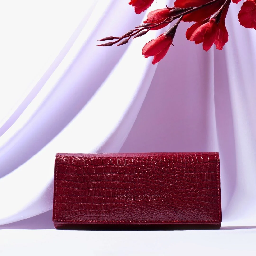 Cherry Genuine Leather Bi-Fold Clutch For Women (Leather Texture: Croco & Color: Cherry) - Image 11