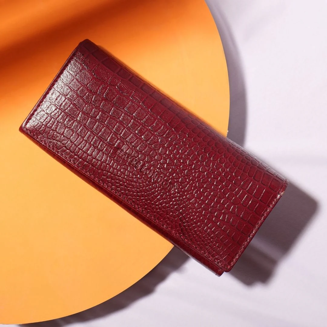 Cherry Genuine Leather Bi-Fold Clutch For Women (Leather Texture: Croco & Color: Cherry) - Image 12