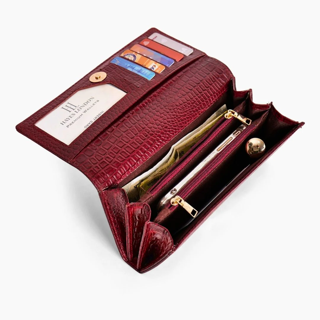 Cherry Genuine Leather Bi-Fold Clutch For Women (Leather Texture: Croco & Color: Cherry) - Image 3