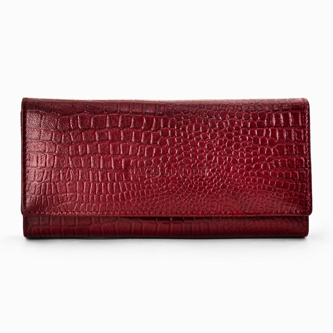 Cherry Genuine Leather Bi-Fold Clutch For Women (Leather Texture: Croco & Color: Cherry) - Image 4
