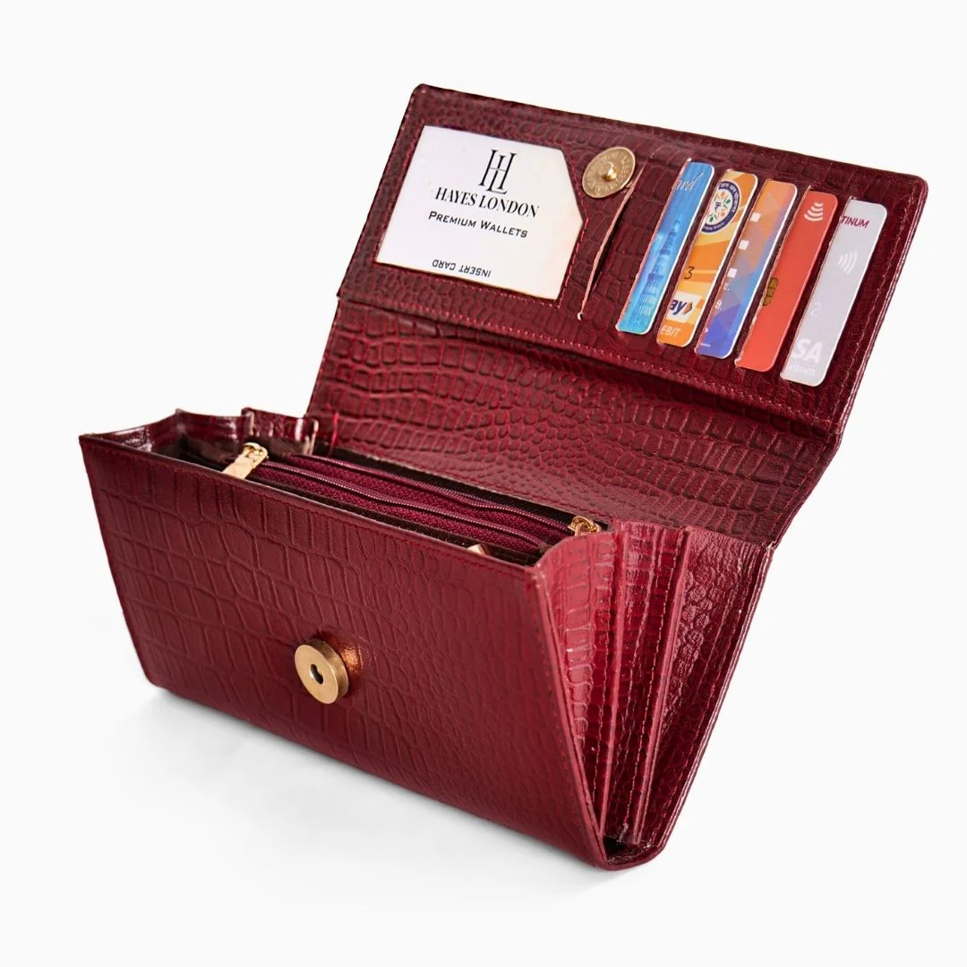 Cherry Genuine Leather Bi-Fold Clutch For Women (Leather Texture: Croco & Color: Cherry) - Image 5