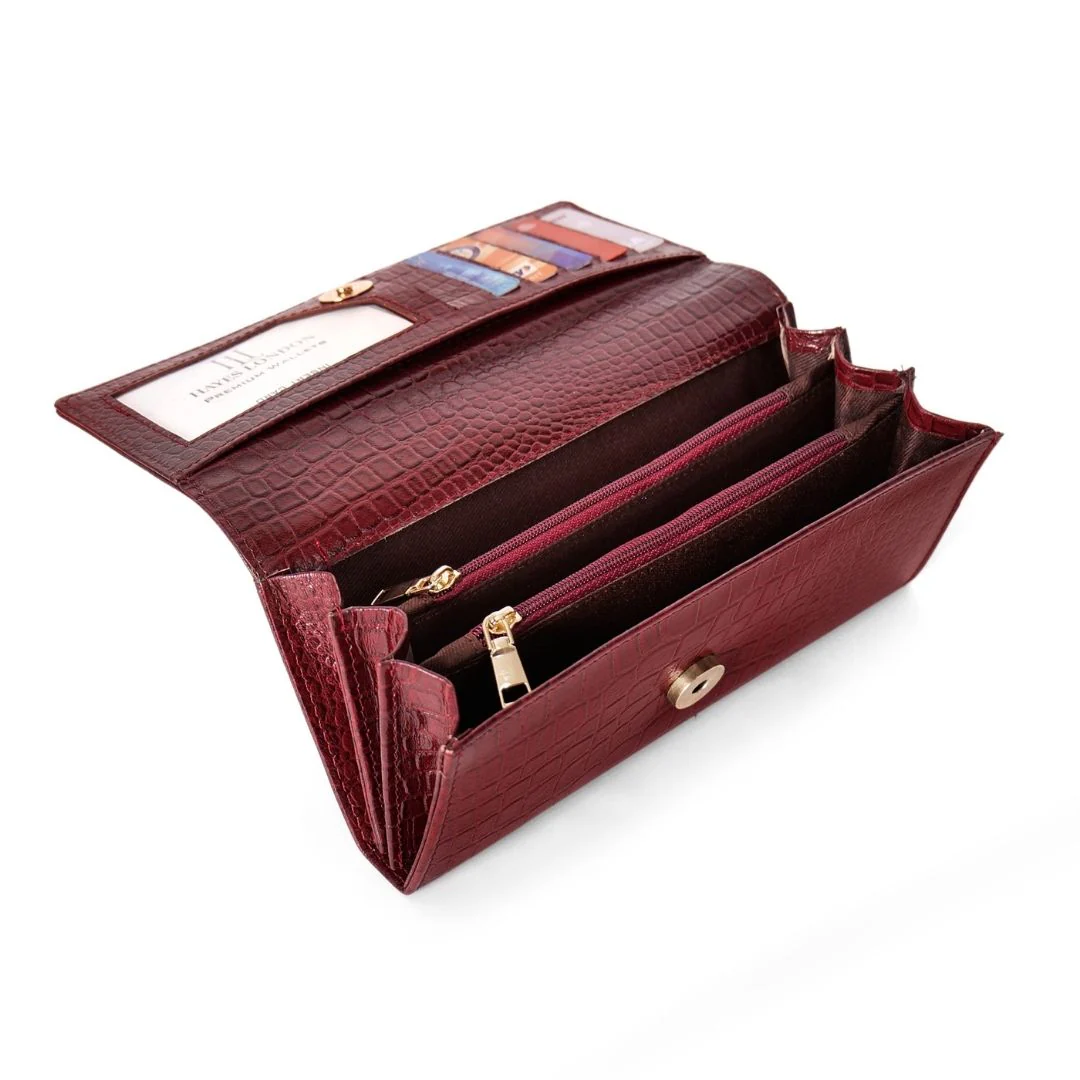 Cherry Genuine Leather Bi-Fold Clutch For Women (Leather Texture: Croco & Color: Cherry) - Image 6