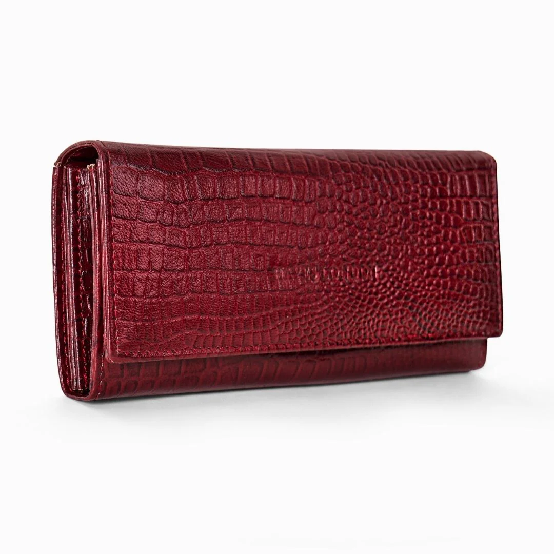 Cherry Genuine Leather Bi-Fold Clutch For Women (Leather Texture: Croco & Color: Cherry) - Image 7