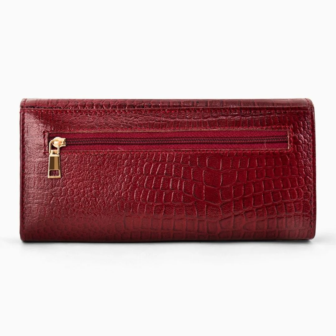 Cherry Genuine Leather Bi-Fold Clutch For Women (Leather Texture: Croco & Color: Cherry) - Image 8