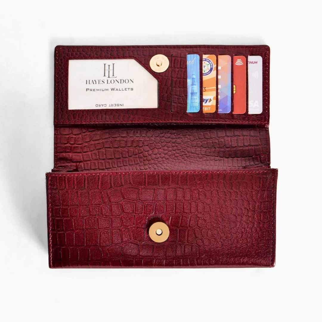 Cherry Genuine Leather Bi-Fold Clutch For Women (Leather Texture: Croco & Color: Cherry) - Image 9