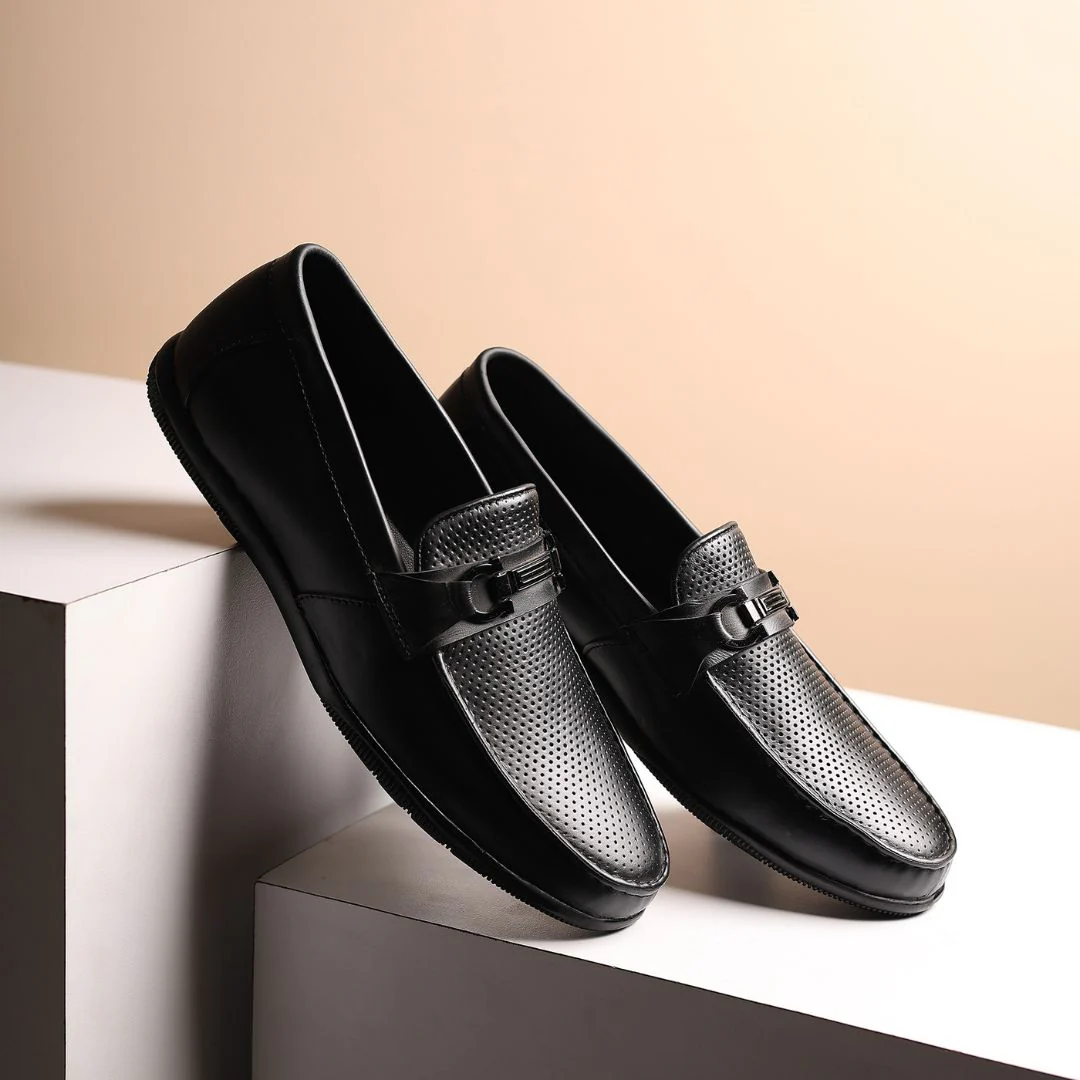 Dune Horsebit Loafers – Black Perforated Genuine Leather Men’s Shoes - Image 11