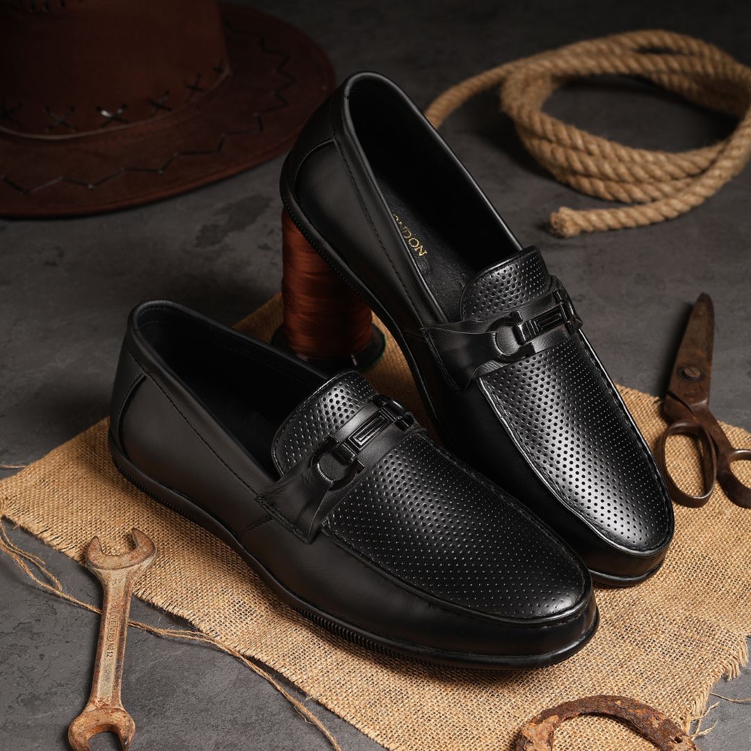 Dune Horsebit Loafers – Black Perforated Genuine Leather Men’s Shoes - Image 13
