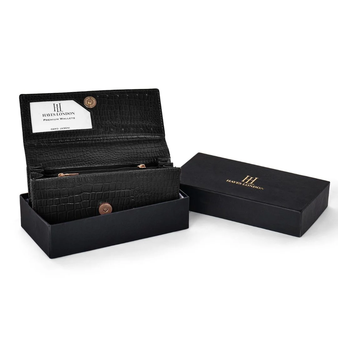 Black Genuine Leather Bi-Fold Clutch For Women (Leather Texture: Croco & Color: Black) - Image 10
