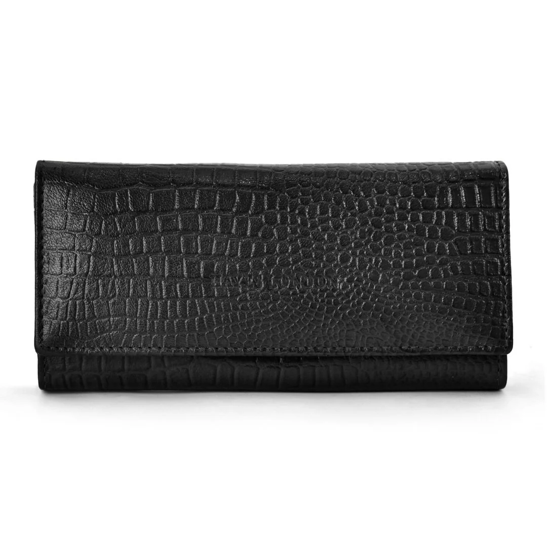 Black Genuine Leather Bi-Fold Clutch For Women (Leather Texture: Croco & Color: Black) - Image 3