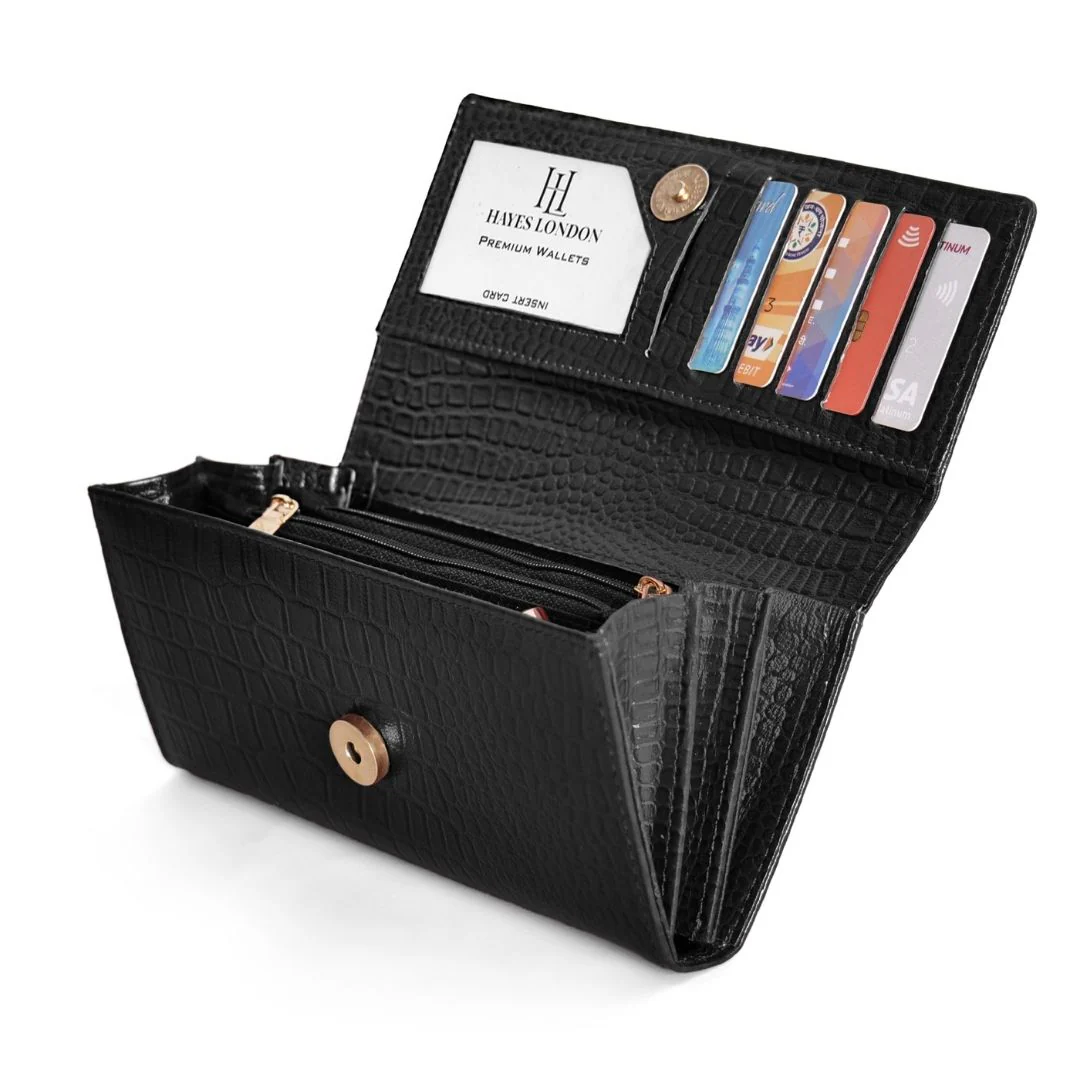 Black Genuine Leather Bi-Fold Clutch For Women (Leather Texture: Croco & Color: Black) - Image 4