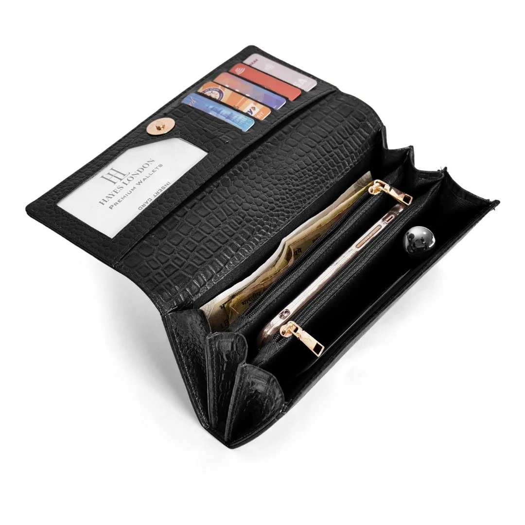 Black Genuine Leather Bi-Fold Clutch For Women (Leather Texture: Croco & Color: Black) - Image 5