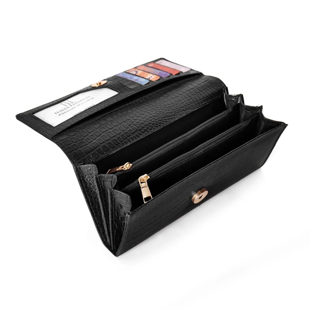 Black Genuine Leather Bi-Fold Clutch For Women (Leather Texture: Croco & Color: Black) - Image 6