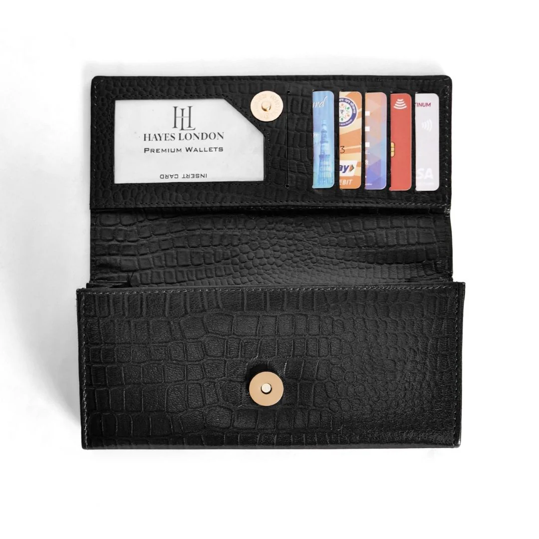 Black Genuine Leather Bi-Fold Clutch For Women (Leather Texture: Croco & Color: Black) - Image 7