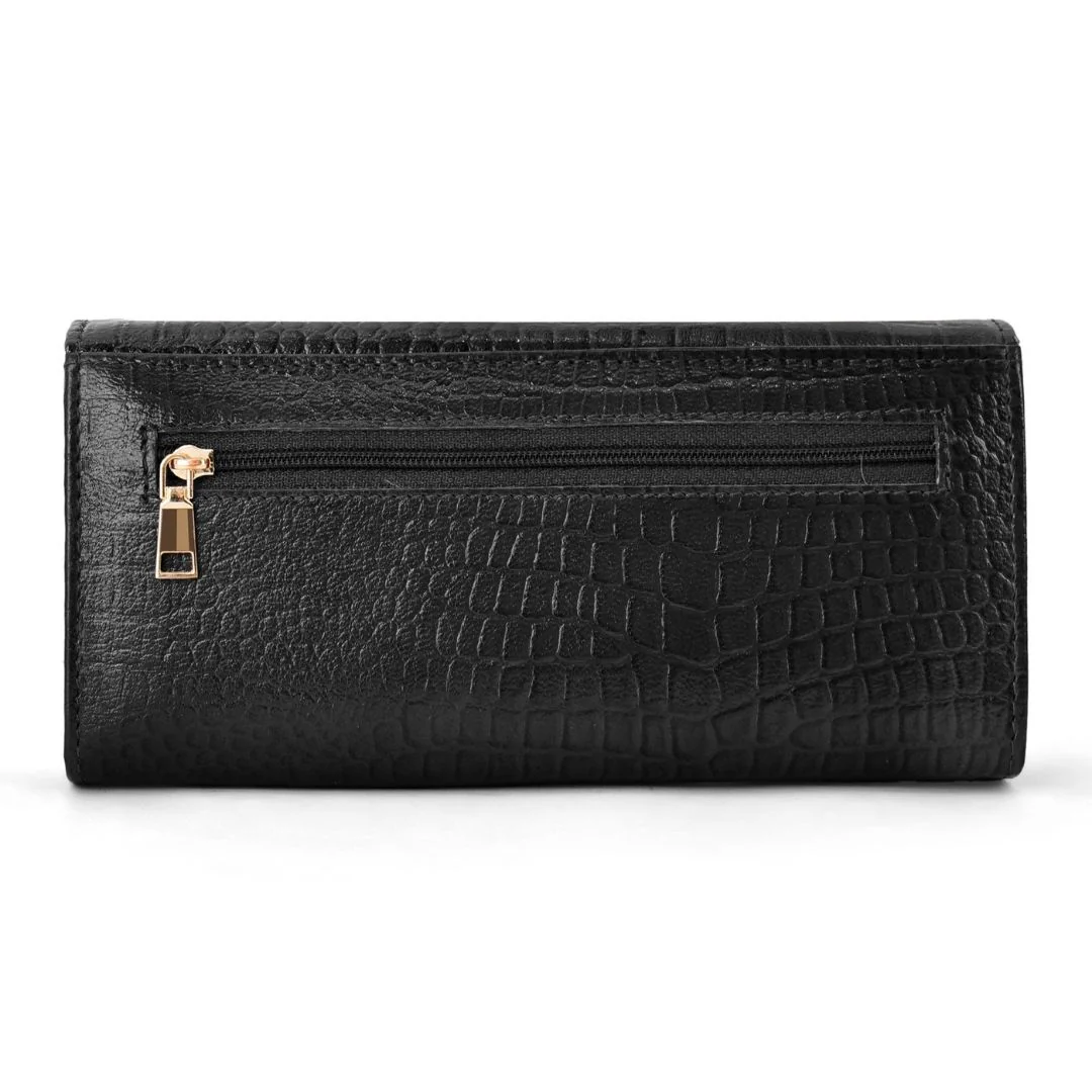 Black Genuine Leather Bi-Fold Clutch For Women (Leather Texture: Croco & Color: Black) - Image 8