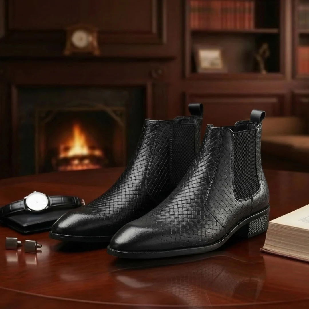 Kingsley Cuban Chelsea Boots – Black Textured Genuine Leather Men’s Boots - Image 16