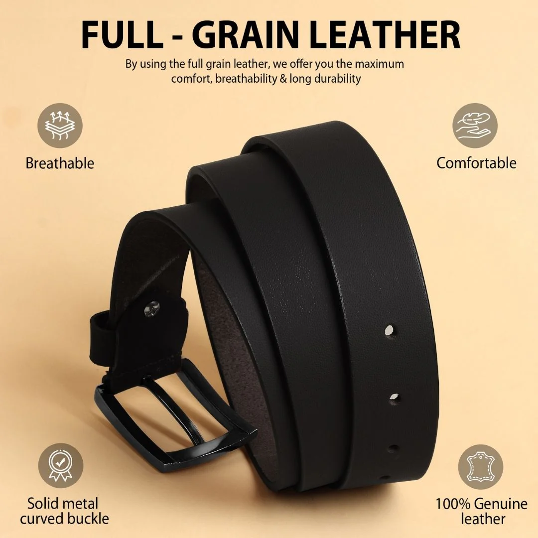 Black Genuine Leather Men's Belt (Leather Texture: Plain & Buckle Color: Black) - Image 4
