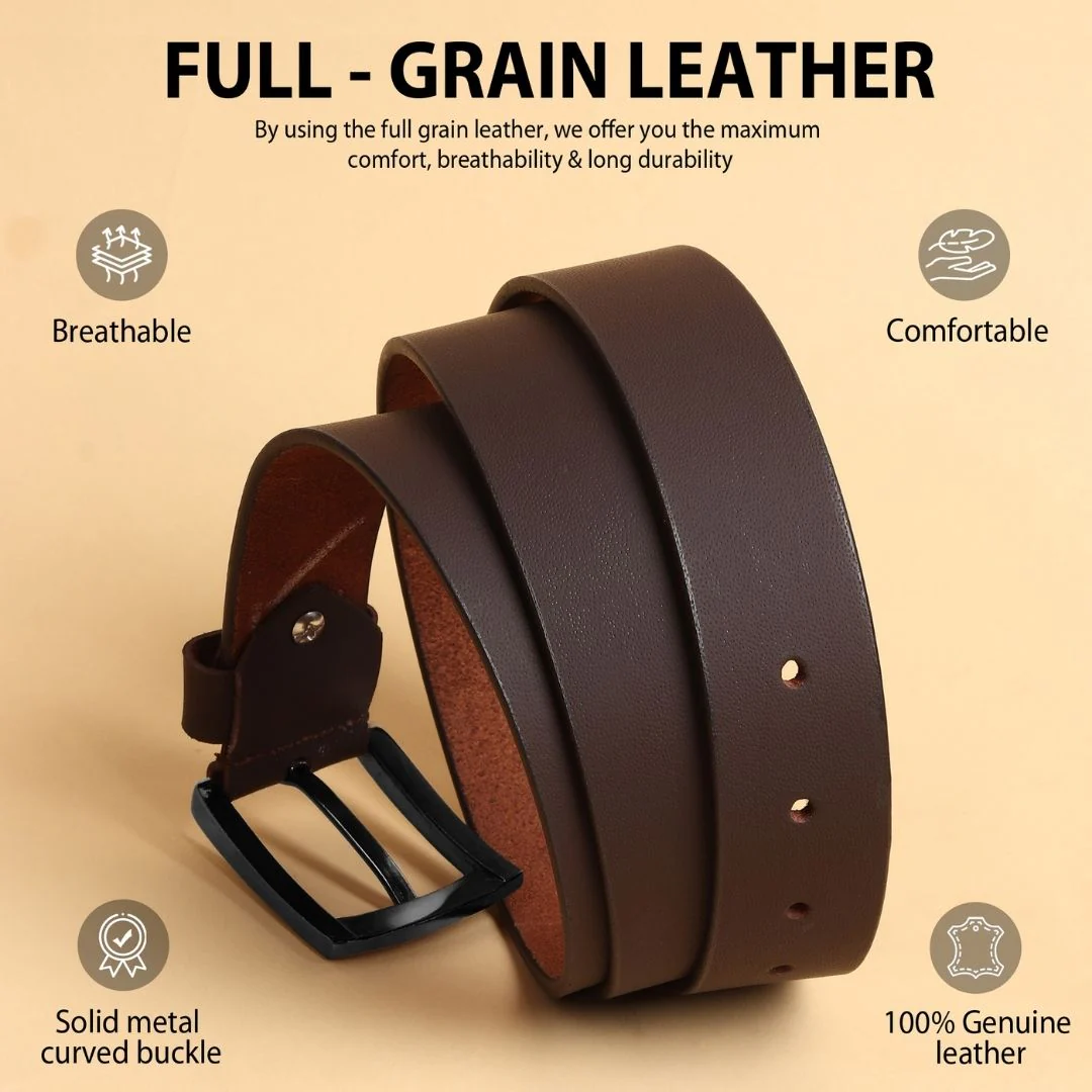 Brown Genuine Leather Men's Belt (Leather Texture: Plain & Buckle Color: Black) - Image 4