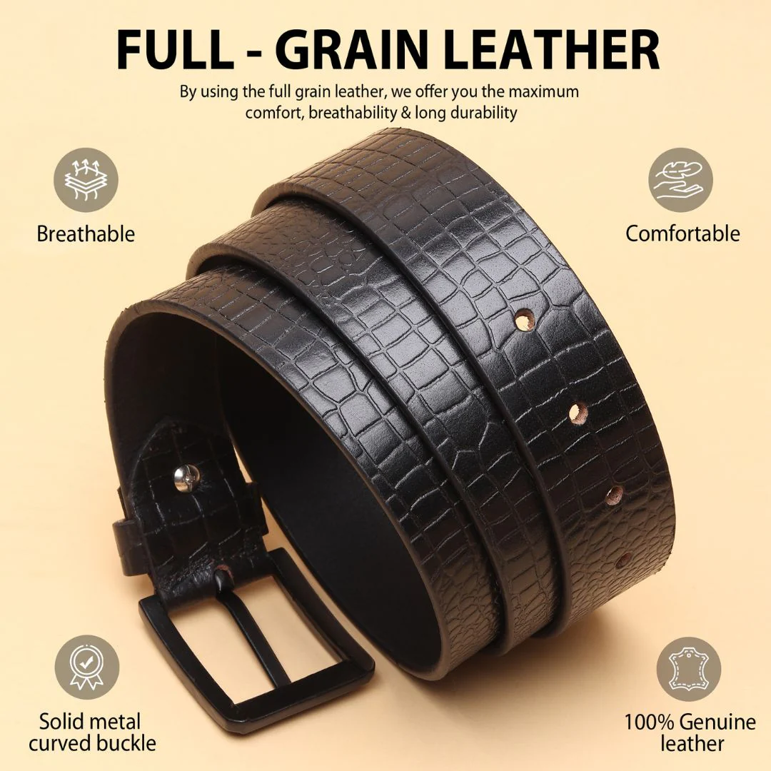 Black Croco Pattern Genuine Leather Men's Belt (Leather Texture: Croco Pattern & Buckle Color: Black) - Image 4