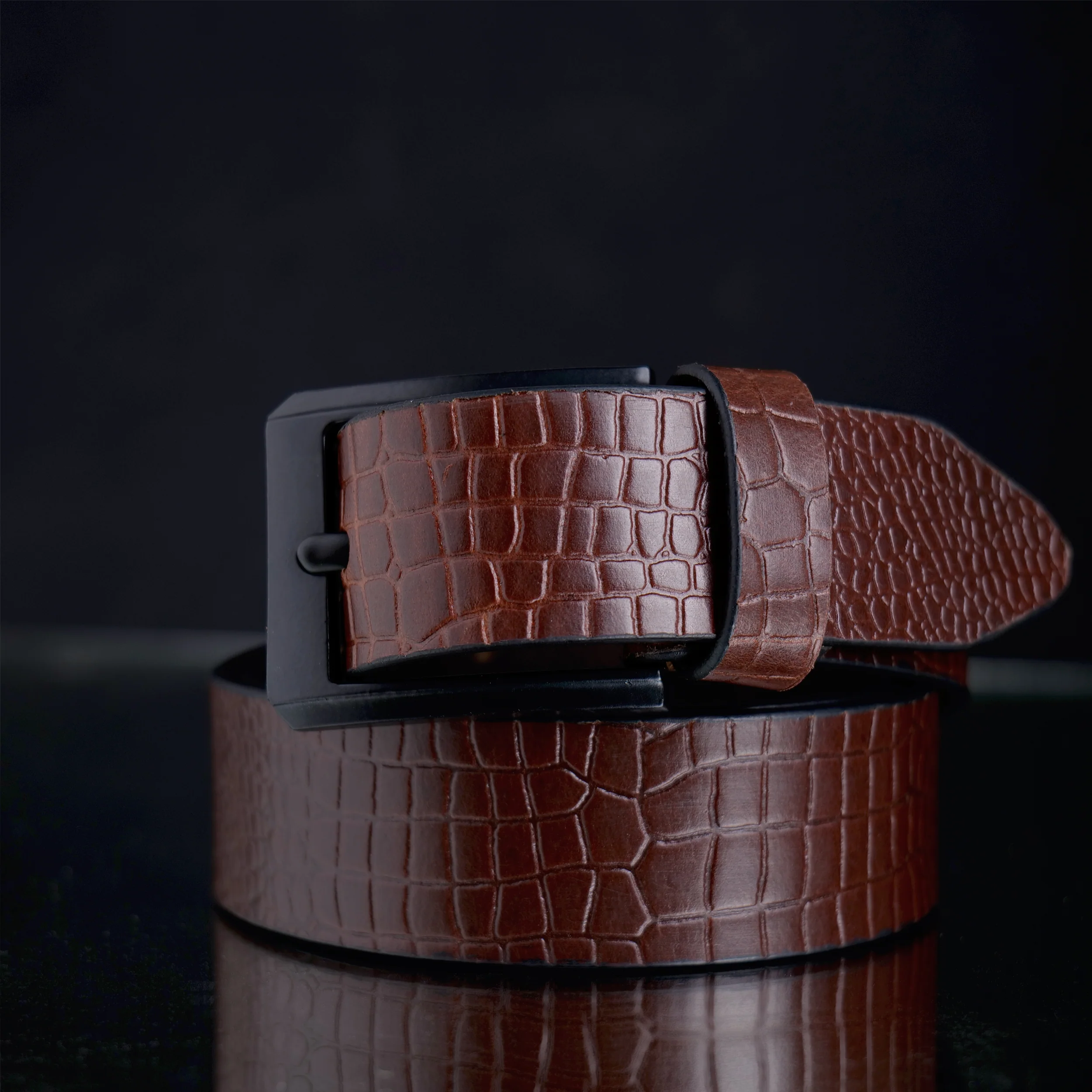 Brown Croco Pattern Genuine Leather Men's Belt (Leather Texture: Croco Pattern & Buckle Color: Black) - Image 3