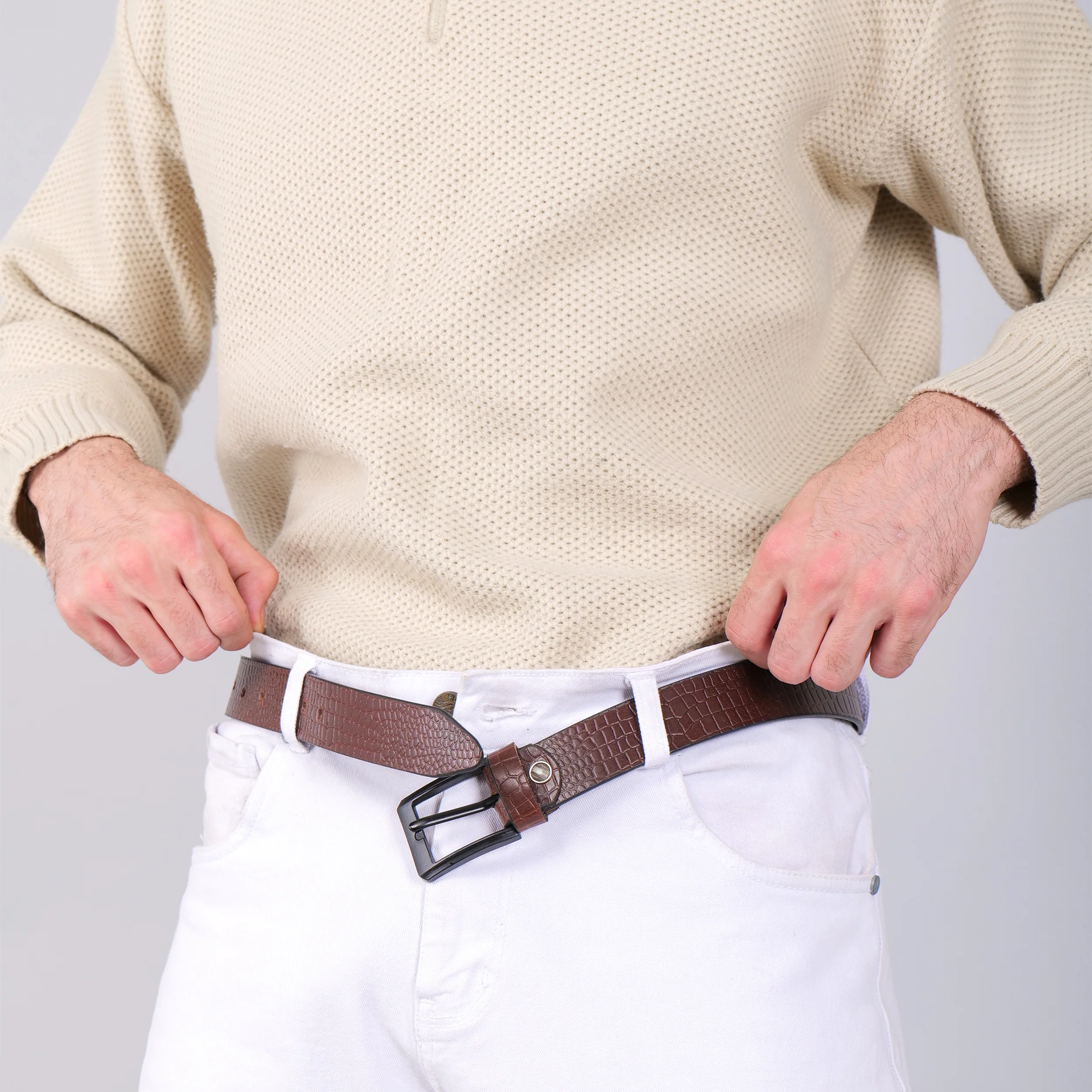 Brown Croco Pattern Genuine Leather Men's Belt (Leather Texture: Croco Pattern & Buckle Color: Black) - Image 5