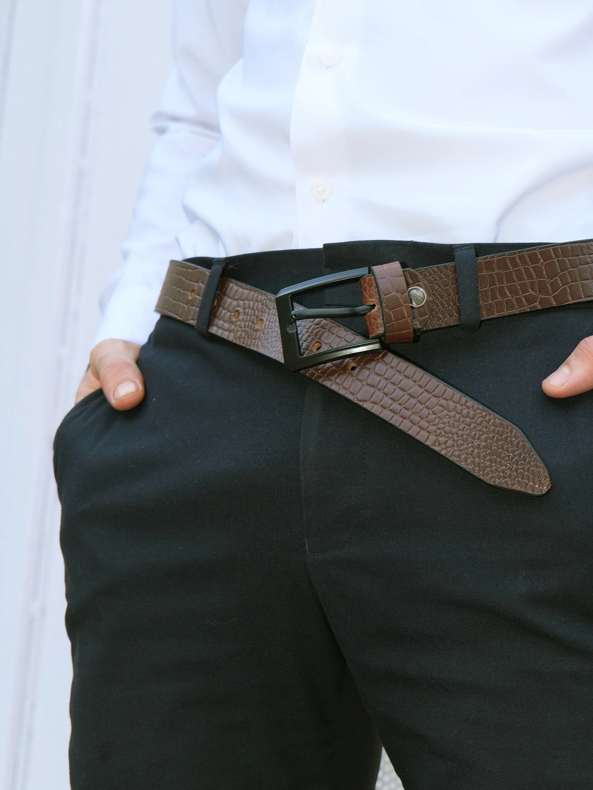 Brown Croco Pattern Genuine Leather Men's Belt (Leather Texture: Croco Pattern & Buckle Color: Black) - Image 6