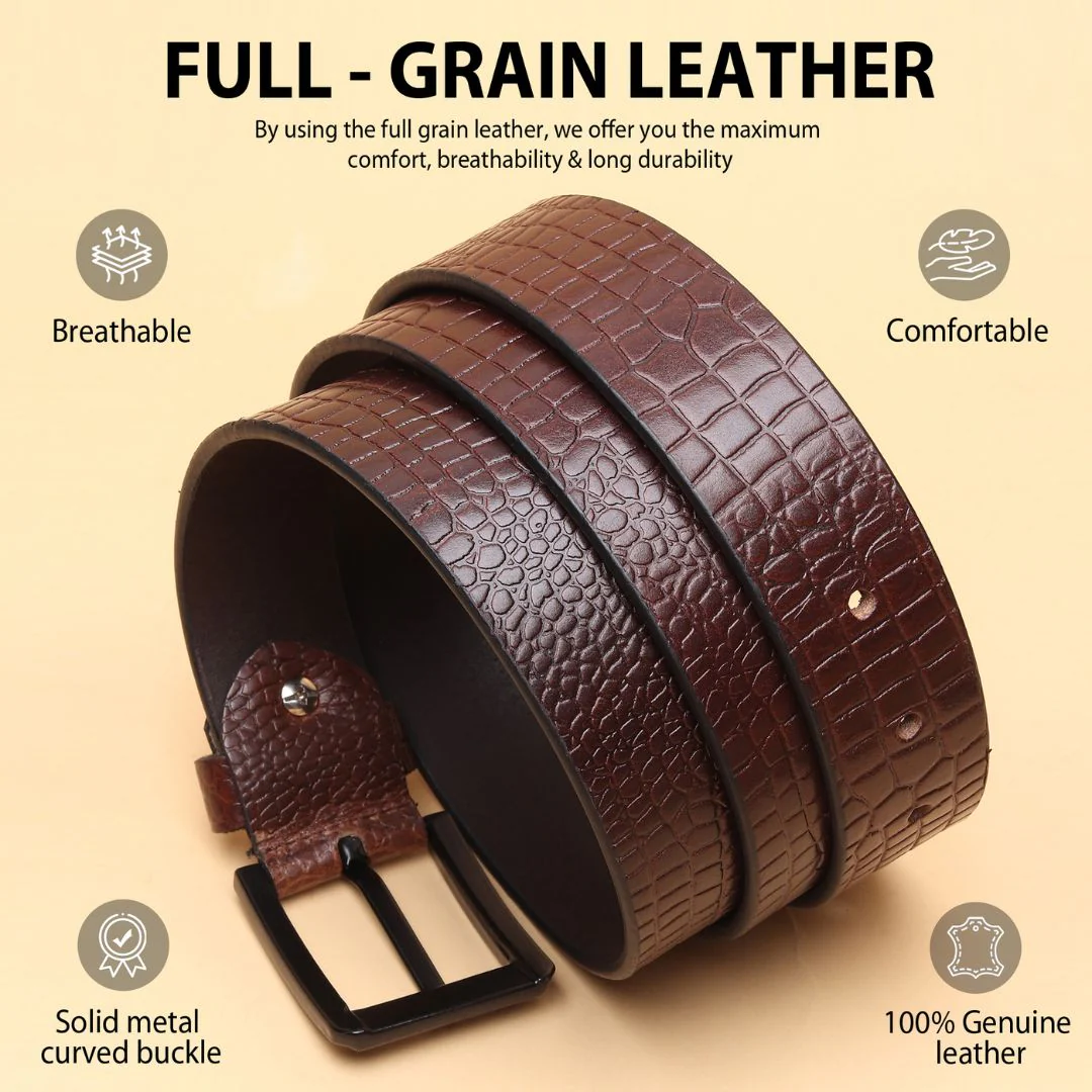 Brown Croco Pattern Genuine Leather Men's Belt (Leather Texture: Croco Pattern & Buckle Color: Black) - Image 9
