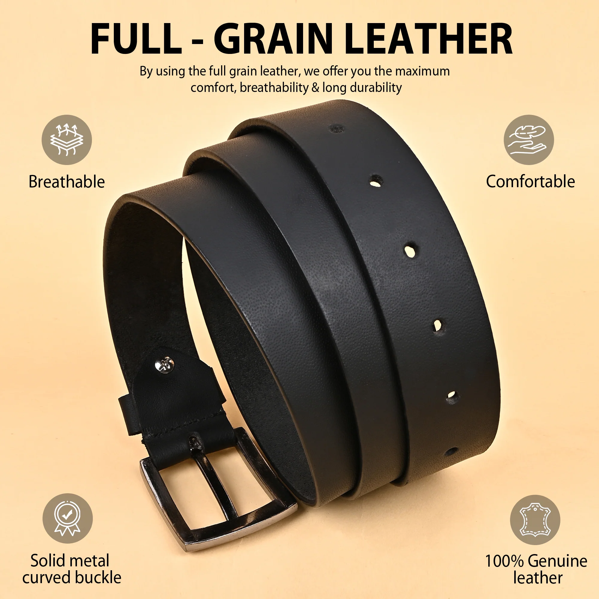 Black Genuine Leather Men's Belt (Leather Texture: Plain & Buckle Color: Silver) - Image 3