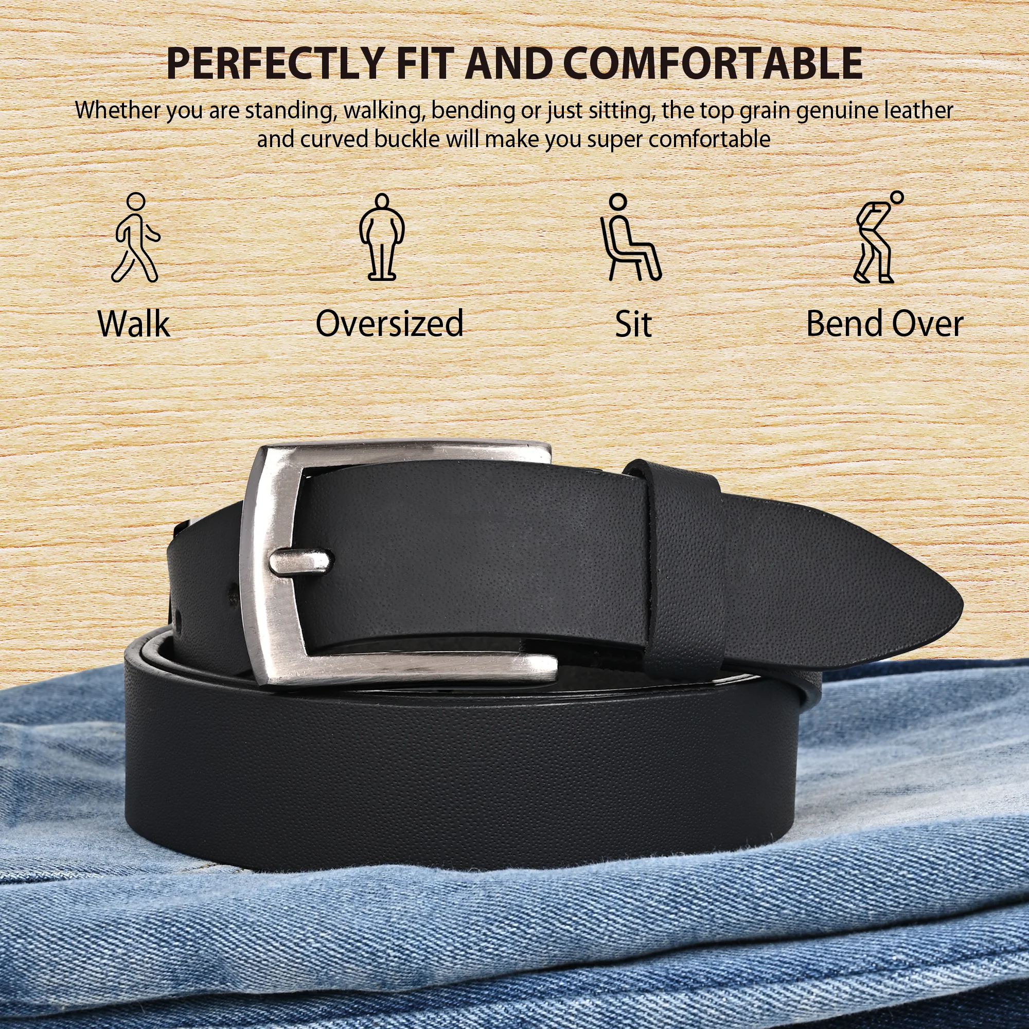 Black Genuine Leather Men's Belt (Leather Texture: Plain & Buckle Color: Silver) - Image 4