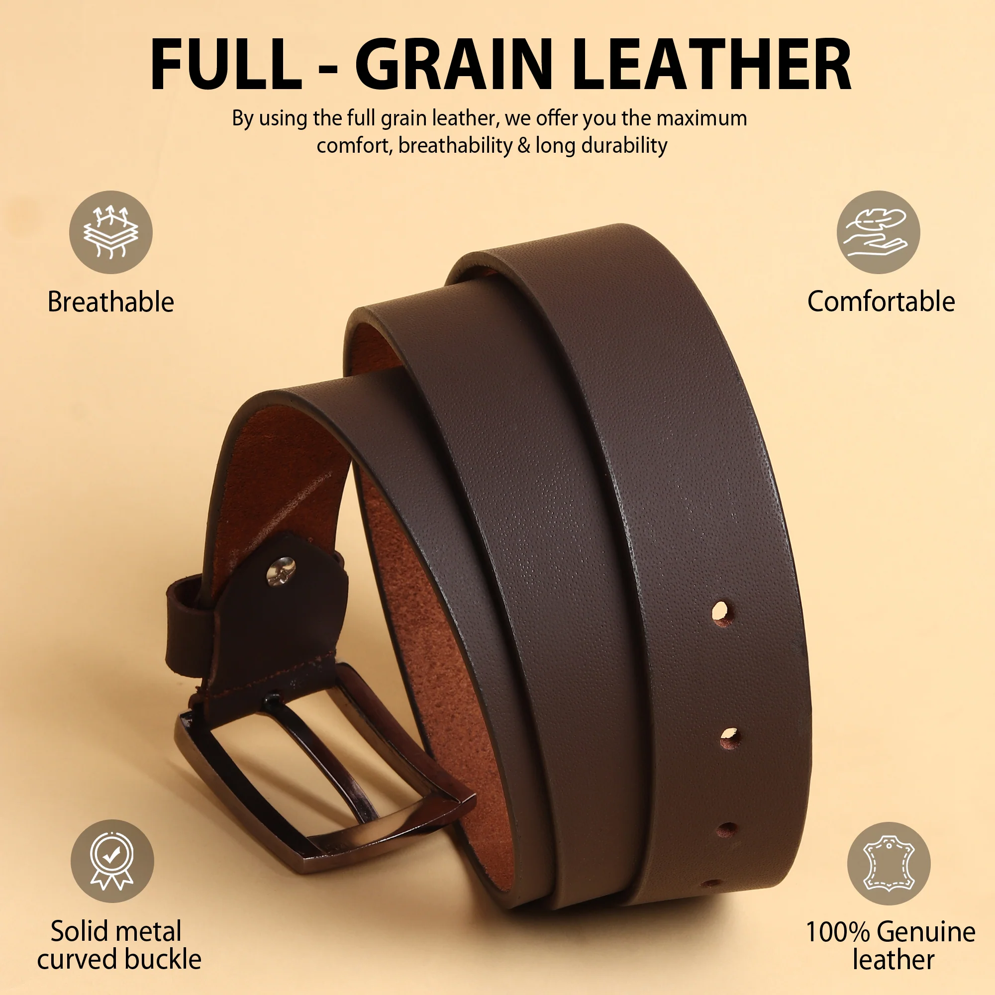 Brown Genuine Leather Men's Belt (Leather Texture: Plain & Buckle Color: Silver) - Image 3