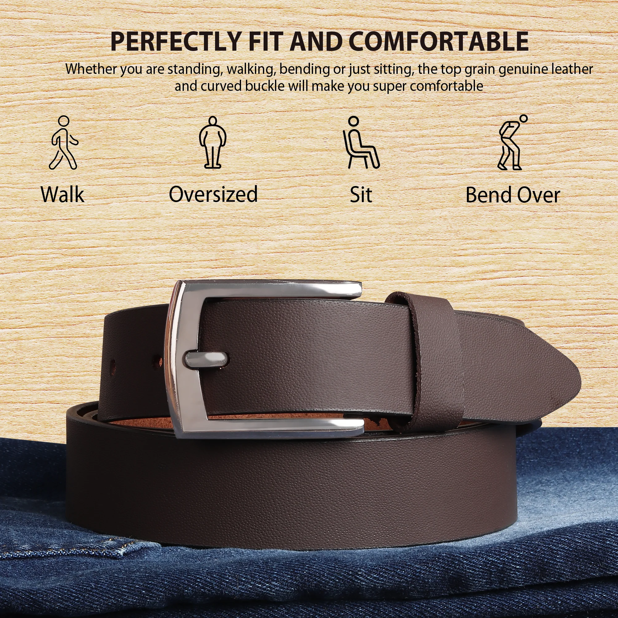 Brown Genuine Leather Men's Belt (Leather Texture: Plain & Buckle Color: Silver) - Image 4
