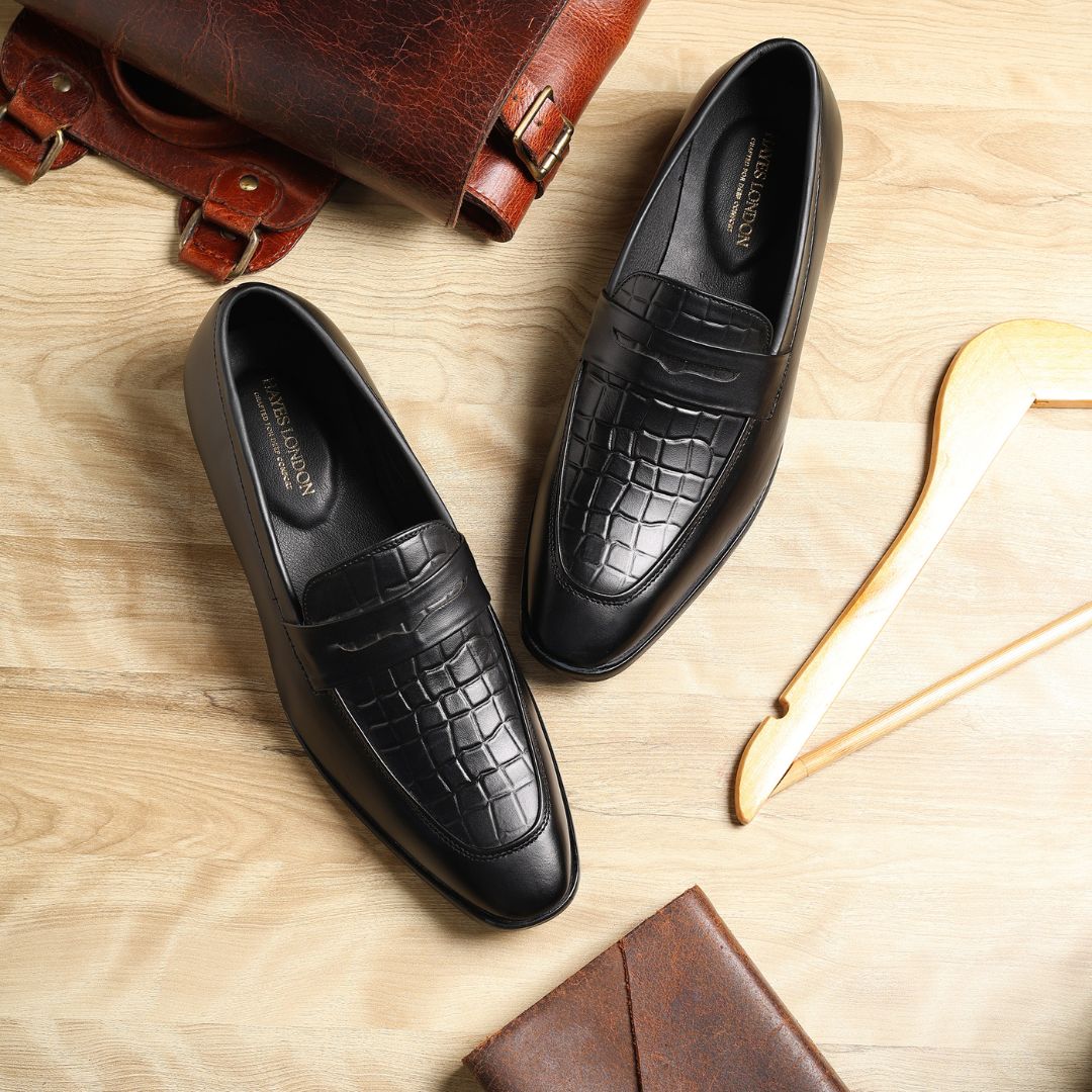 Milan Black Formal Penny Loafers for Men – Genuine Leather Croco Slip-On Shoes for Office & Party Wear - Image 12