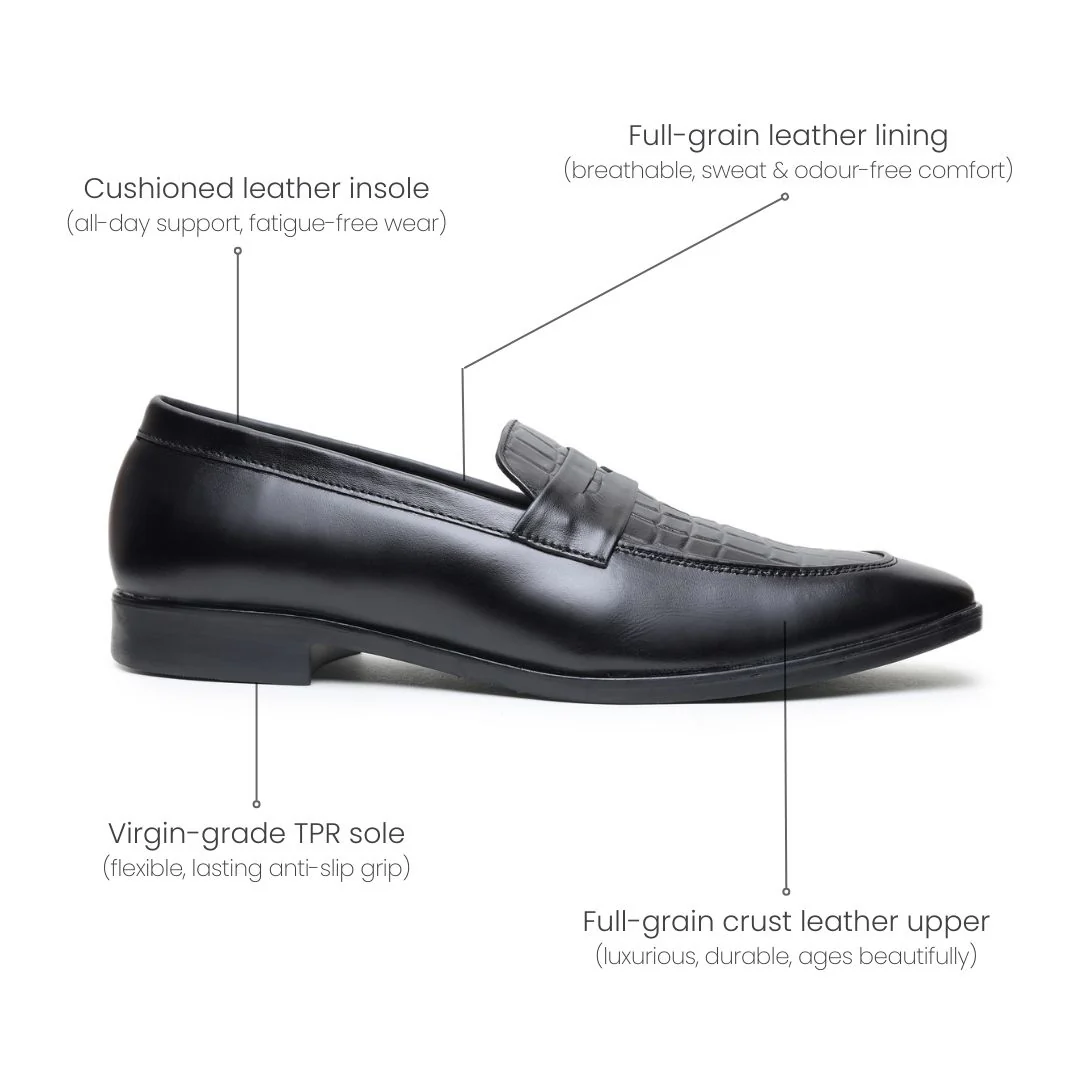 Milan Black Formal Penny Loafers for Men – Genuine Leather Croco Slip-On Shoes for Office & Party Wear - Image 5