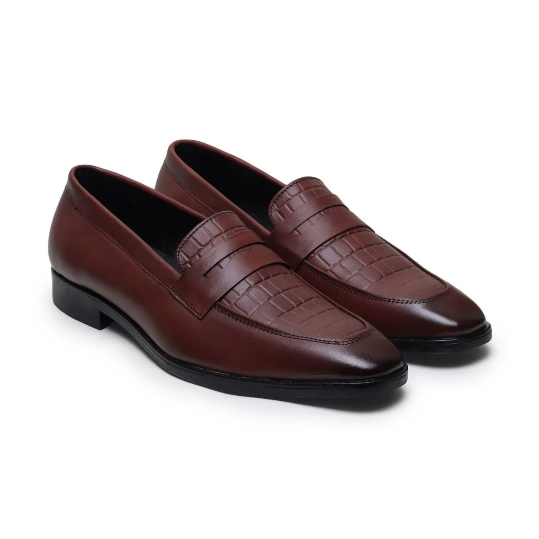 Milan Brown Formal Penny Loafers for Men – Genuine Leather Croco Slip-On Shoes for Office & Party Wear