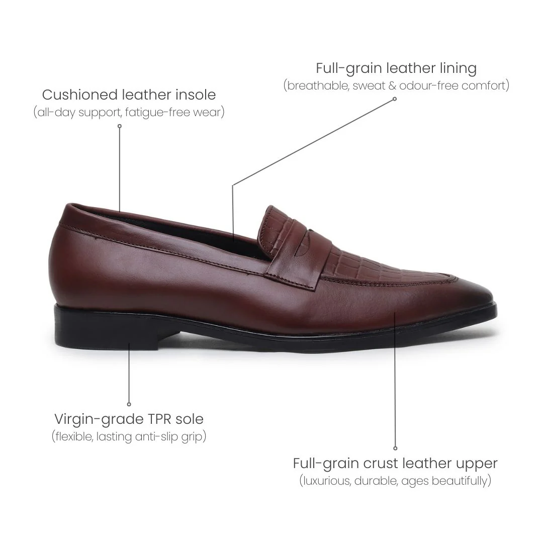 Milan Brown Formal Penny Loafers for Men – Genuine Leather Croco Slip-On Shoes for Office & Party Wear - Image 5